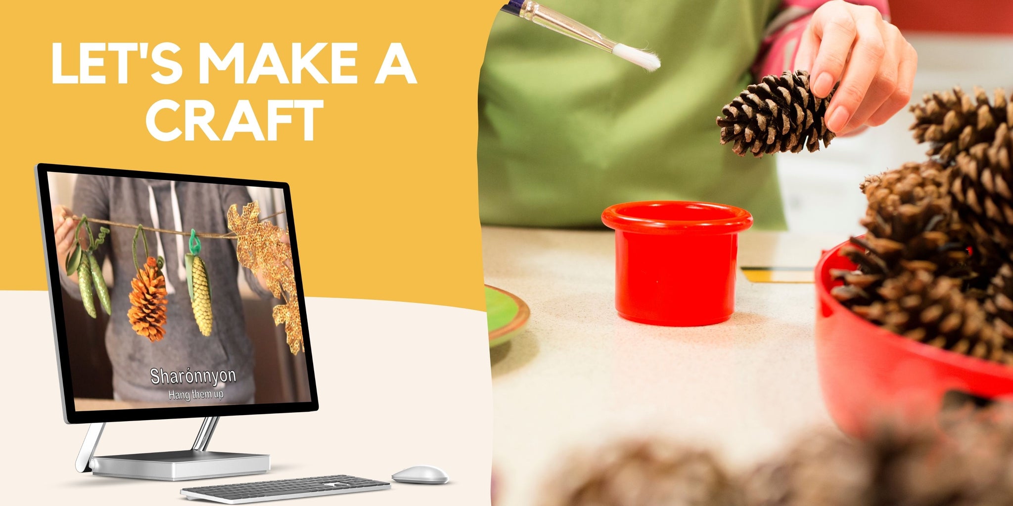 Photo of video making a craft with pine cones